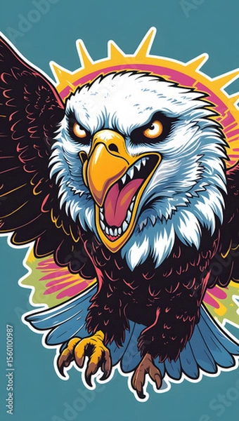 Fototapeta illustration of an eagle with mystical energy. Designed in a psychedelic cartoon sticker style with thick black lines,