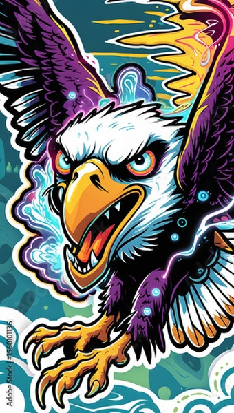Fototapeta illustration of an eagle with mystical energy. Designed in a psychedelic cartoon sticker style with thick black lines,