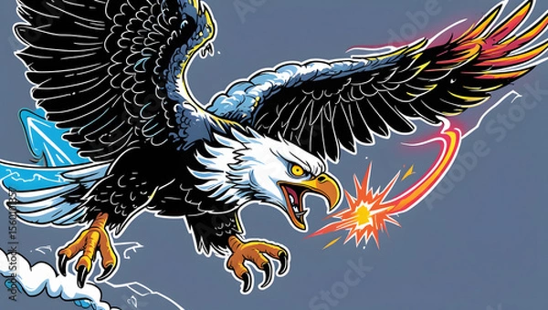 Fototapeta illustration of an eagle with mystical energy. Designed in a psychedelic cartoon sticker style with thick black lines,