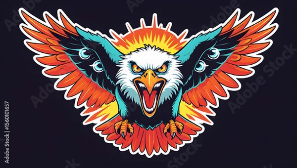 Fototapeta illustration of an eagle with mystical energy. Designed in a psychedelic cartoon sticker style with thick black lines,