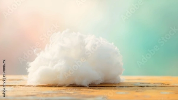 Fototapeta Fluffy White Cloud resting on a Wooden Platform with a Pastel Background
