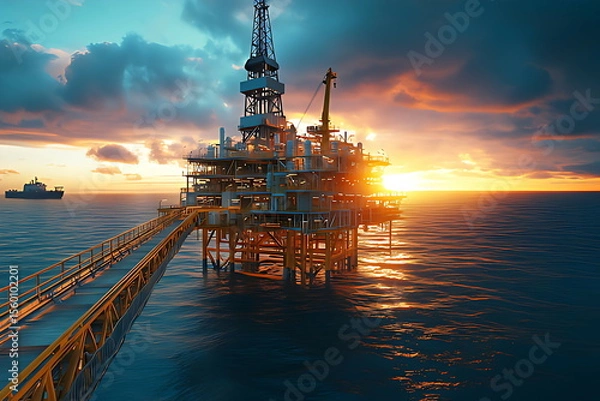 Obraz oil platform ocean with sun setting it