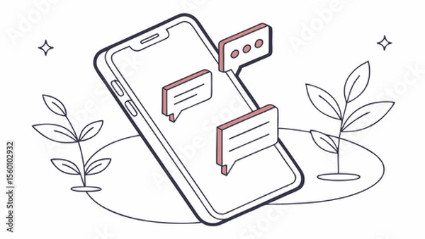 Fototapeta Isometric mobile phone with chat bubbles vector illustration for social media and communication design concept