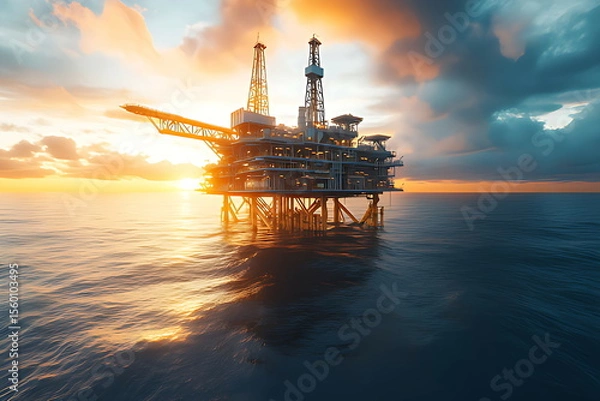 Obraz oil platform ocean with sun setting it