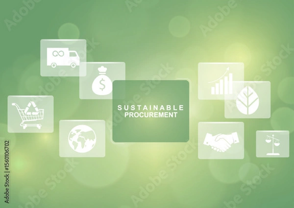 Fototapeta Sustainable procurement concept with floating icon cards on green background. ESG business strategy. Business presentations and marketing. Eco-friendly business practices. Vector illustration
