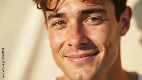 Fototapeta Primer plano de un joven sonriente con una piel radiante y saludable. Rutina de cuidado de la piel, belleza natural, bienestar, cuidado personal moderno