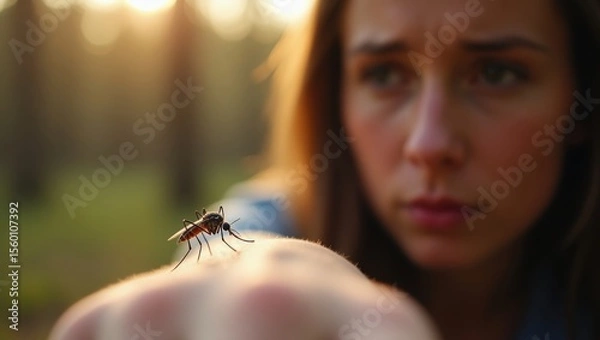 Fototapeta Mosquito posándose en el brazo de una mujer