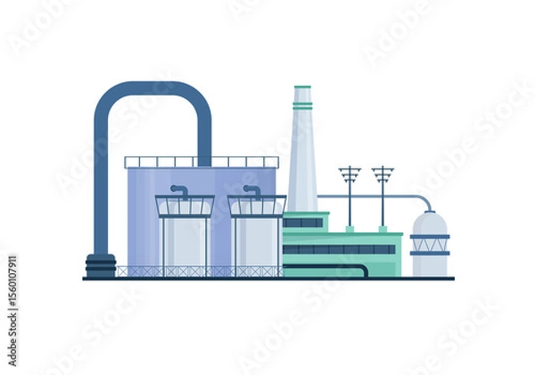 Obraz PNG energy symbol and white plant with electricity building pollution icon concept nuclear refinery structure modern pipe tower isolated engineering art chemical technology production business

