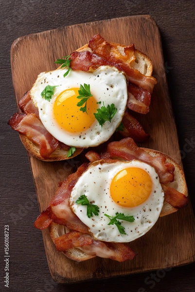 Fototapeta delicious crispy bacon and fried eggs on toasted bread, top view