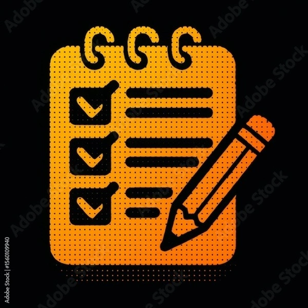 Obraz Black checklist notebook icon with orange pencil emphasizing task progress tracking