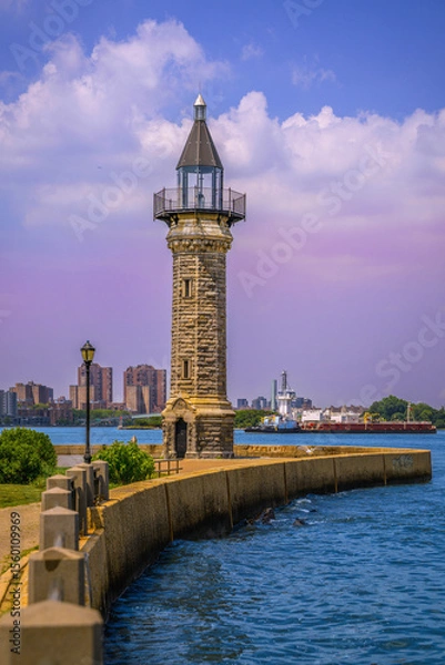Fototapeta Roosevelt Island Lighthouse, the New York City landmark architecture formerly known as Welfare Island Lighthouse, built in 1872, at the northern tip of Roosevelt Island in the East River, New York