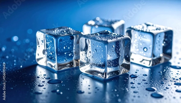 Fototapeta Clear ice cubes on a reflective surface with water droplets, strong lighting, and a cold blue background.