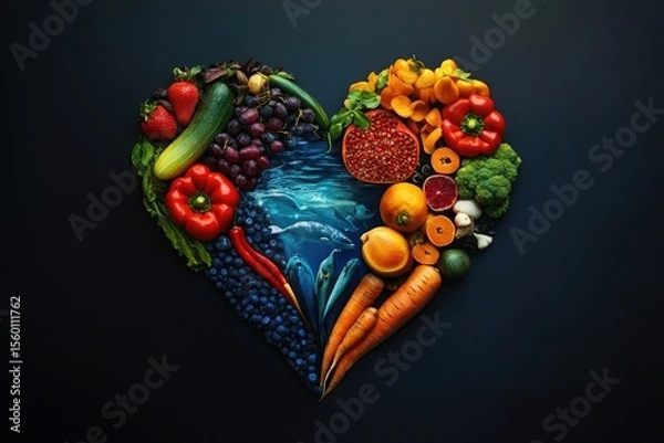 Fototapeta Colorful heart-shaped arrangement of fresh fruits and vegetables.  A vibrant display of various produce, forming a heart shape on a dark background. 