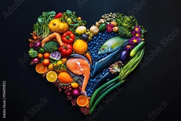 Fototapeta Colorful heart-shaped arrangement of various fresh fruits and vegetables