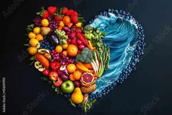 Fototapeta Colorful heart-shaped arrangement of fresh fruits and vegetables.  Ocean-blue wave border