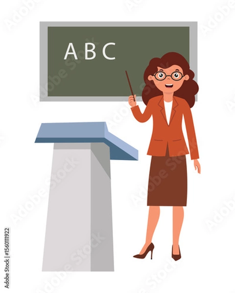 Obraz Teacher instructs students at the blackboard with the alphabet during a classroom session. Vector illustration in flat style.