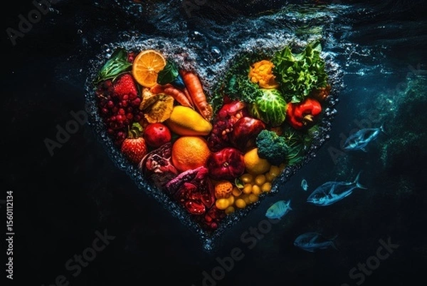 Fototapeta Heart-shaped array of colorful fruits and vegetables underwater