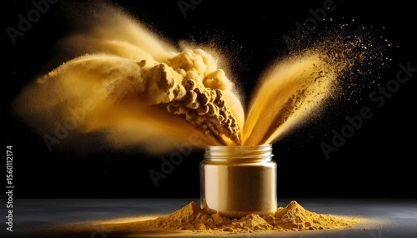Fototapeta Golden Dust Eruption from Container on Black Background