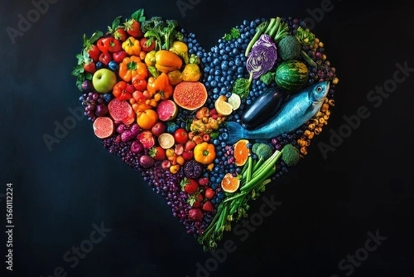 Fototapeta Colorful heart-shaped arrangement of fresh fruits and vegetables, with fish,  on dark background
