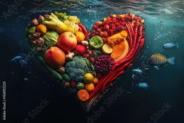 Fototapeta Colorful heart-shaped array of fresh produce underwater
