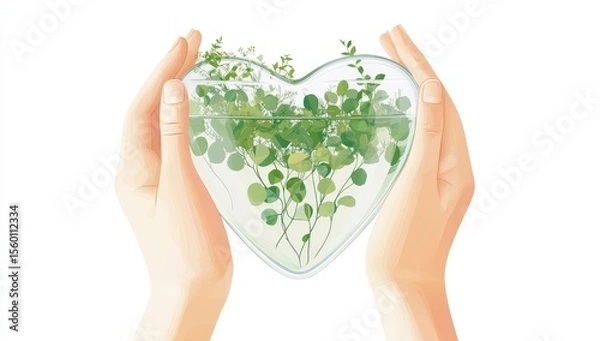 Fototapeta Heart-shaped glass container with greenery held gently in hands
