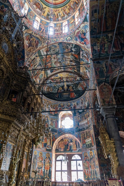 Obraz Domed Ceiling Frescoes and Ornate Wall Murals in Rila Monastery Church, Illuminated by Natural Light