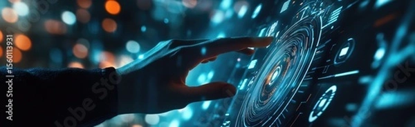 Fototapeta Hand interacting with a futuristic, glowing interface
