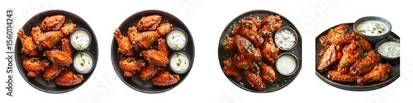 Fototapeta Set of spicy buffalo chicken wings with dips isolated on transparent background