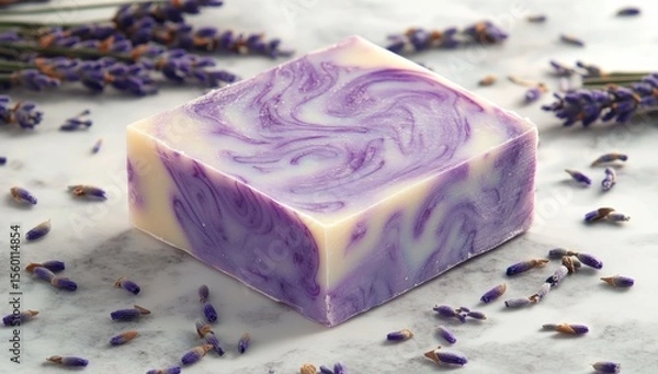 Fototapeta Square bar of lavender-scented soap with swirls of purple and cream