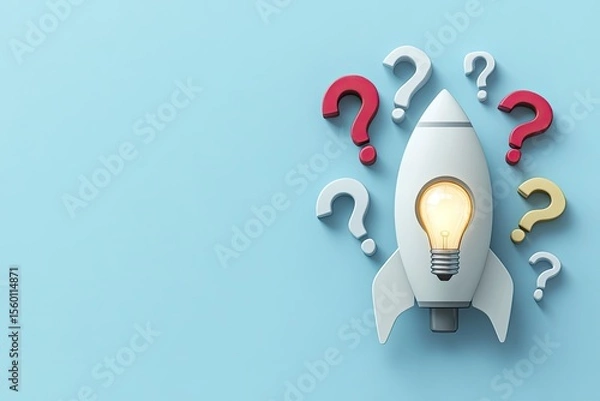 Fototapeta Rocket with lightbulb, surrounded by question marks
