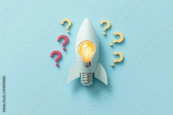Fototapeta A lightbulb shaped rocket with question marks.  A lightbulb is inside the rocket, and several question marks surround it.  The image is set against a pale blue background