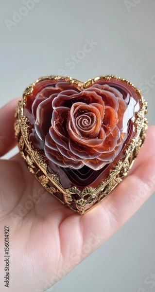 Fototapeta A heart-shaped, intricately carved agate box, showcasing a detailed rose design