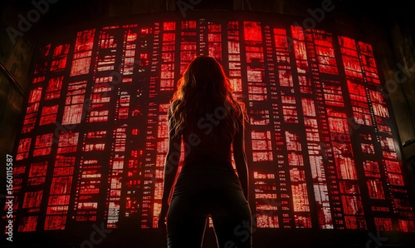 Fototapeta Backlit, silhouetted figure faces red grid of windows/light. Walls on side. Tense, mysterious and evocative