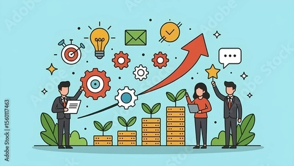 Fototapeta A business team collaborates on a growth strategy. The flat-style illustration shows people developing ideas and nurturing investments, leading to financial success symbol