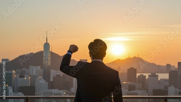 Fototapeta Back view of a successful businessman raising a fist in triumph. He stands on a rooftop overlooking a modern city skyline at sunset, symbolizing victory, ambition, and achi