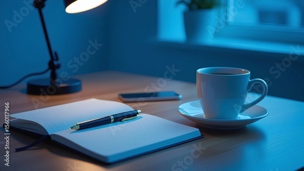 Fototapeta A tranquil desk setup for working late at night. A warm lamp illuminates an open notebook, pen, and a cup of coffee, creating a cozy and focused atmosphere for studying, writing, or p