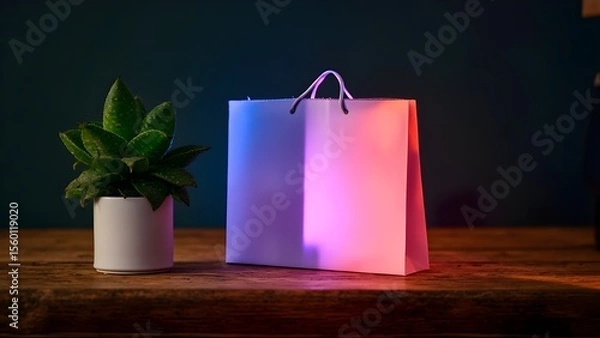 Fototapeta Hanging Paper Pouch with a Gradient Glow, featuring a Succulent Plant on a Wooden Table


