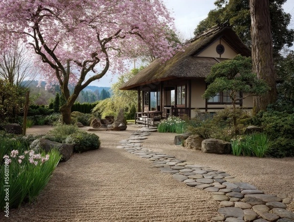 Fototapeta Serene spring tea house, tranquil japanese garden, blooming cherry blossoms, peaceful path.