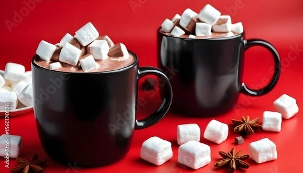Fototapeta A black mug filled with hot cocoa and marshmallows, set on a vibrant red background
