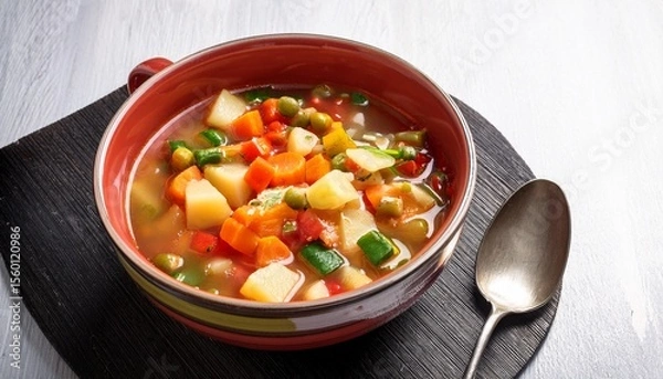 Fototapeta italian minestrone soup with diced vegetables in a clear broth