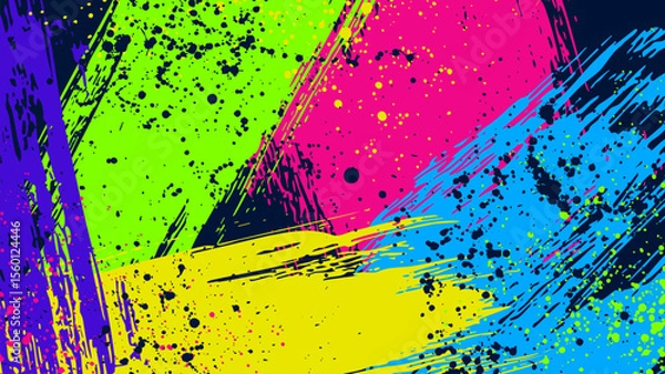 Fototapeta Grunge background with contrasting freehand brush strokes and scattered dots.