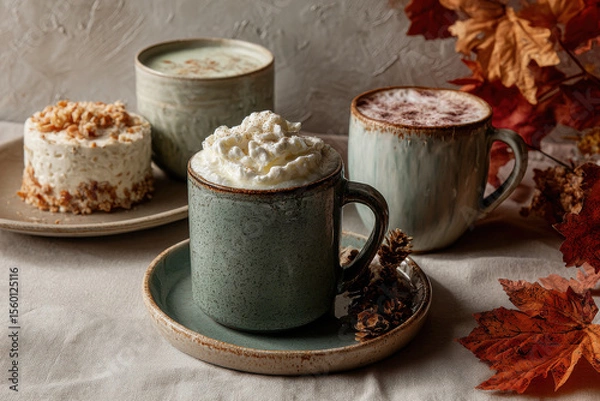 Fototapeta cozy autumn scene featuring warm drinks and seasonal dishes surrounded by colorful leaves and natural elements