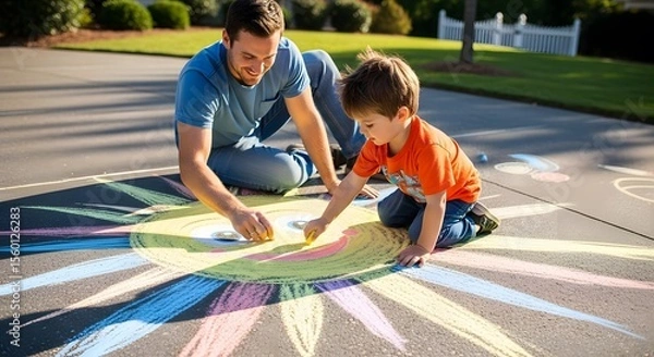 Fototapeta Father and son drawing with sidewalk chalk on driveway creating art together in the sunshine day outside father's day