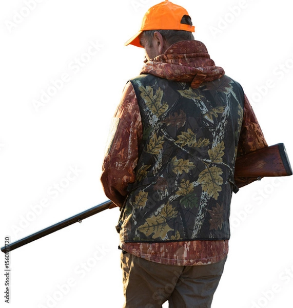 Fototapeta Mature man hunter with gun while walking on field.