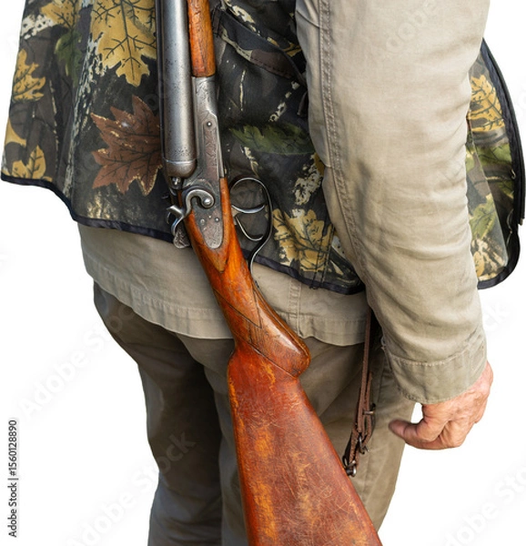 Fototapeta Mature man hunter with gun while walking on field.
