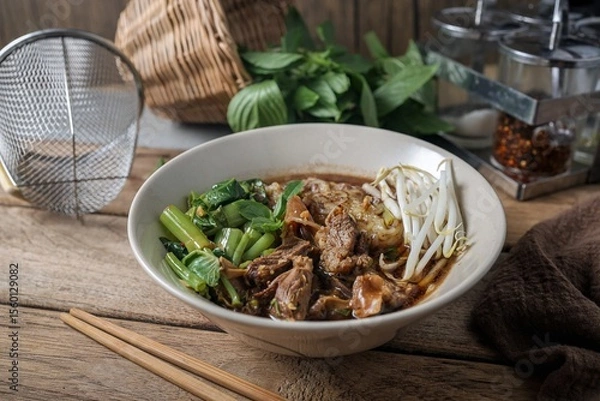 Obraz Stewed pork  with thin rice noodles Noodles soup,