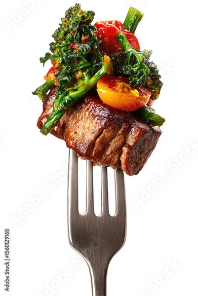 Obraz Forkful of cooked steak and vegetables