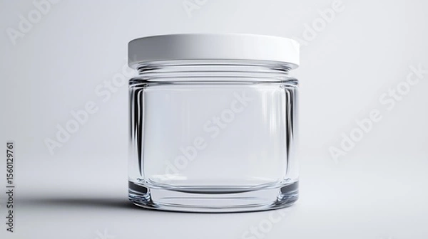 Fototapeta Clear glass jar with a white lid on a light background showcasing empty container design for product display