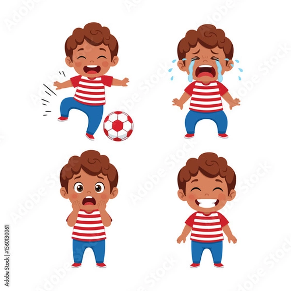 Fototapeta Cartoon boy showing different emotions: happy playing soccer, crying, scared, and laughing.