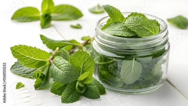 Fototapeta Container of Freshly Gathered Mint Leaves, Set Against a White Background

